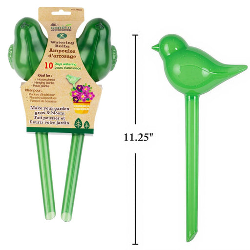 Green bird-shaped plant waterers with packaging and measurement details on a white background