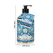 Labeled bottle with floral design and dimensions on a white background