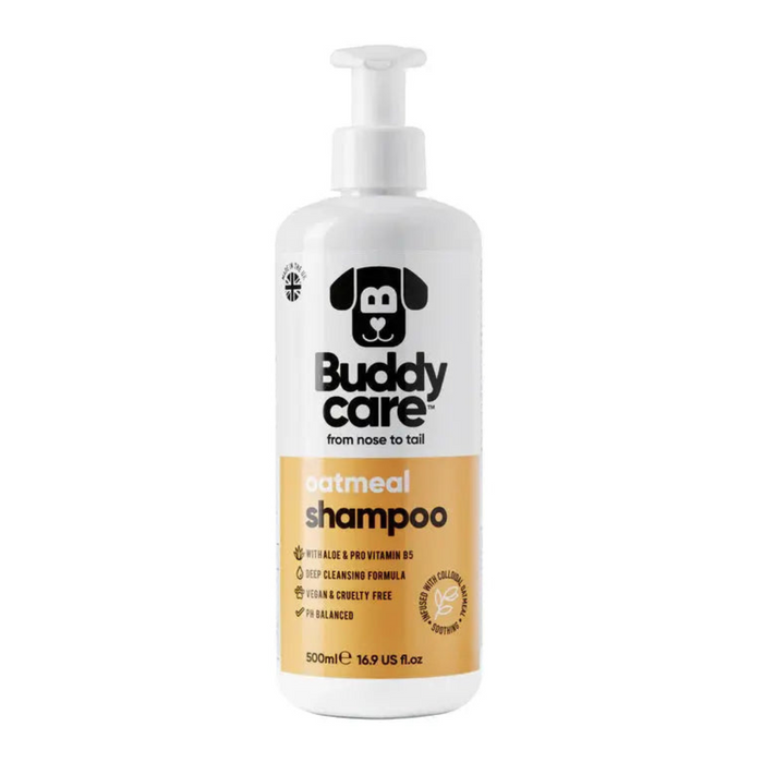 Bottle of Buddy Care Oatmeal Dog Shampoo, 500ml, with aloe vera and pro-vitamin B5 for gentle cleansing and coat conditioning.