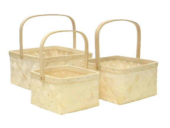 SQUARE WOOD BASKET SET: NATURAL WITH HANDLE - 1 PC