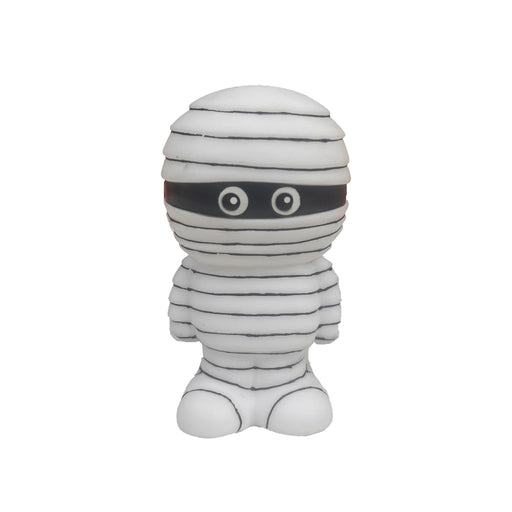 A white and black mummy toy figure with large cartoon eyes, standing against a plain white background.