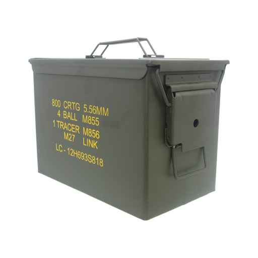 Gray metal ammunition box with yellow text on a white background