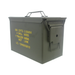 Gray metal ammunition box with yellow text on a white background