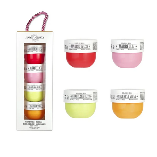 Set of body butter jars with colorful designs and visible brand name on a white background