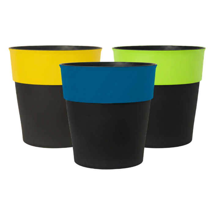 Three colorful planters with black bases and colored bands on a white background