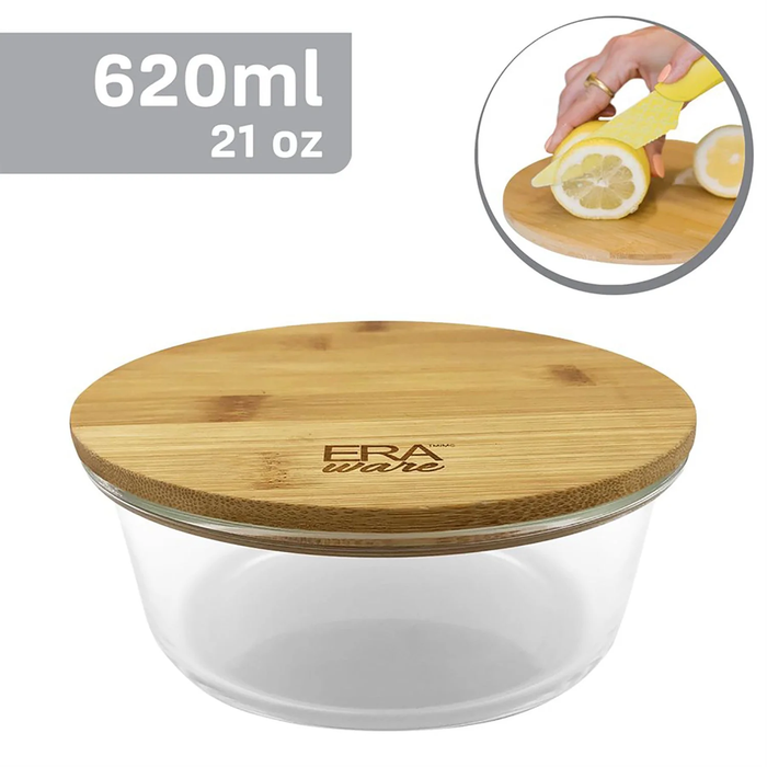 BAMBOO BOROCILICATE GLASS ROUND CONTAINER - 21OZ