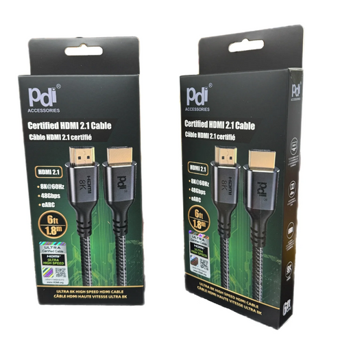 Two packages of a certified HDMI 2.1 cable with PDI branding on a white background.