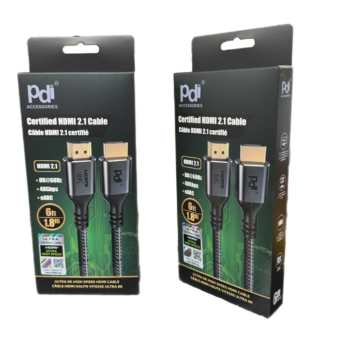 Two packages of a certified HDMI 2.1 cable with PDI branding on a white background.