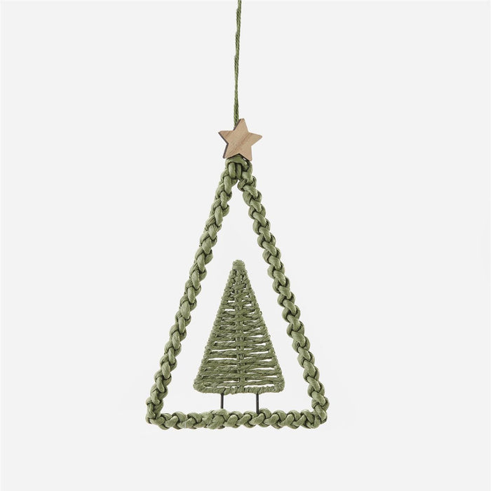 An olive green braided triangular hanging ornament with a small woven Christmas tree in the center and a wooden star at the top, shown against a plain light gray background.