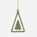 An olive green braided triangular hanging ornament with a small woven Christmas tree in the center and a wooden star at the top, shown against a plain light gray background.
