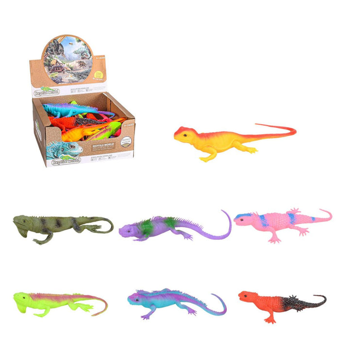 Colorful toy lizards displayed in front of a box with more toys inside.