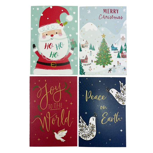Four Christmas-themed greeting cards with Santa Claus, a snowy village, and peace symbols.