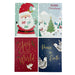 Four Christmas-themed greeting cards with Santa Claus, a snowy village, and peace symbols.