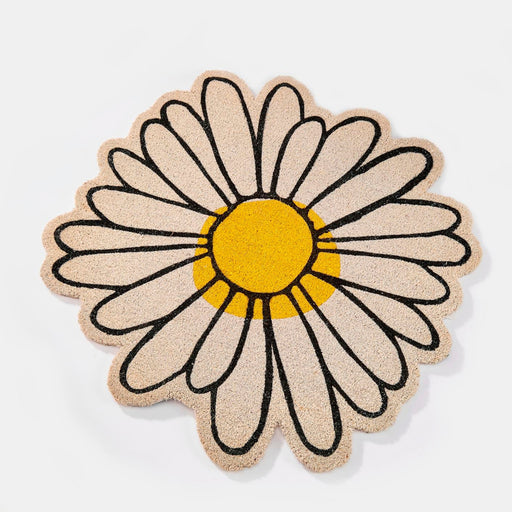 Daisy-shaped doormat with a yellow center and black outlines on a white background