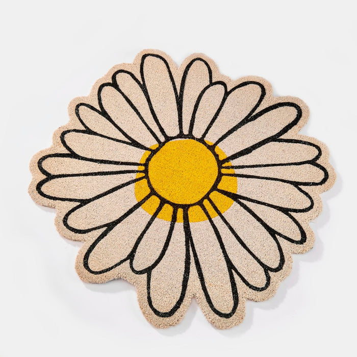 Daisy-shaped doormat with a yellow center and black outlines on a white background