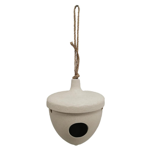 Ceramic birdhouse with a rope attachment on a white background
