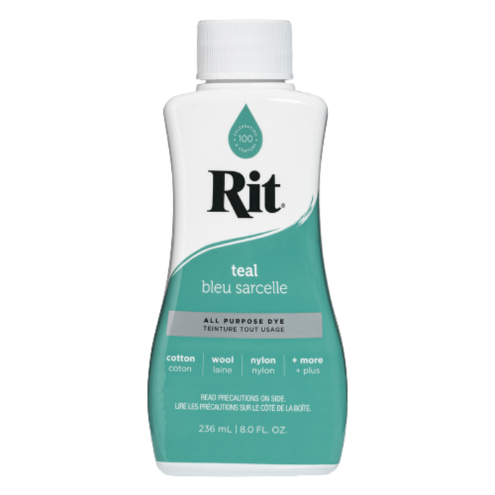 Rit all-purpose dye bottle in teal color on a white background
