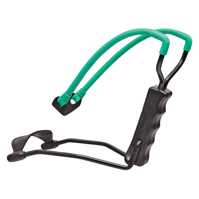 Black and green slingshot on a white background