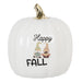 A white ceramic pumpkin decoration with a gold-toned stem, featuring a 'Happy Fall' graphic with two cartoon gnomes on the front.