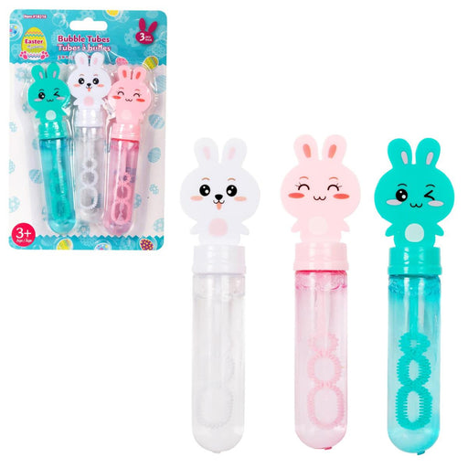 Set of three colorful bubble tubes with bunny designs, one in packaging, on a white background.