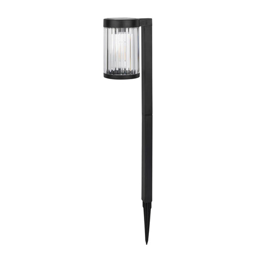 Black outdoor path light with clear glass cover on a white background
