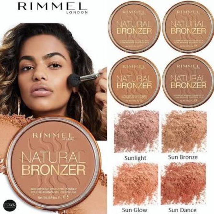 Rimmel London Natural Bronzer makeup set featuring four round bronzer pans, a close-up of a model applying powder with a brush, and four powder swatches labeled Sunlight, Sun Bronze, Sun Glow, and Sun Dance.