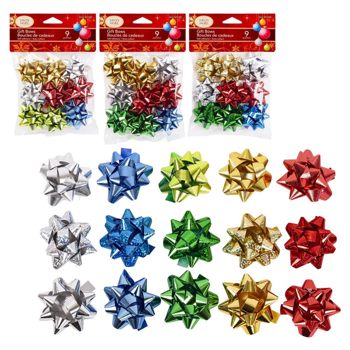 Twelve packs of metallic Christmas gift bows in assorted colors, including silver, blue, green, gold, and red, arranged on a white background with three packaged sets at the top and individual bows displayed below.
