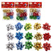 Twelve packs of metallic Christmas gift bows in assorted colors, including silver, blue, green, gold, and red, arranged on a white background with three packaged sets at the top and individual bows displayed below.