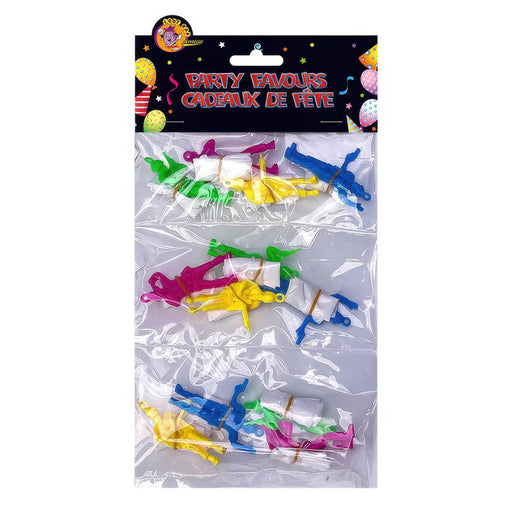 Packaged party favours with colorful items on a white background