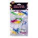 Packaged party favours with colorful items on a white background