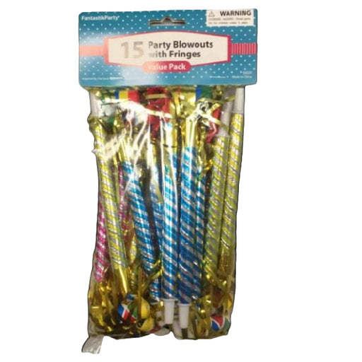 Packaged party blowouts with fringes on a black background