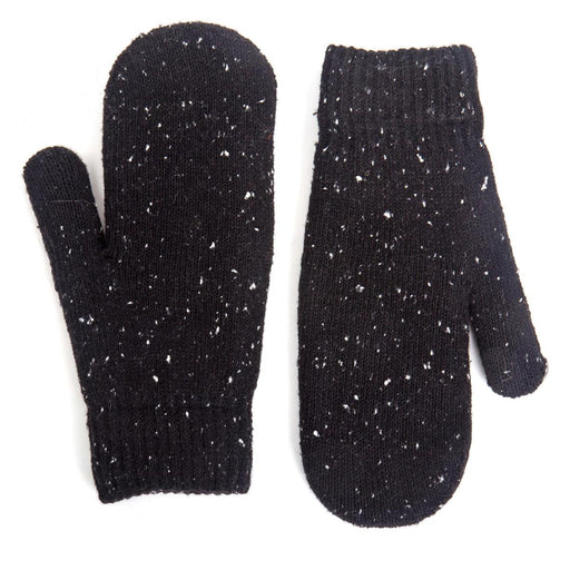 Pair of black speckled mittens on a white background