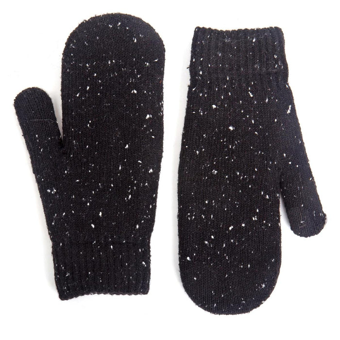 Pair of black speckled mittens on a white background