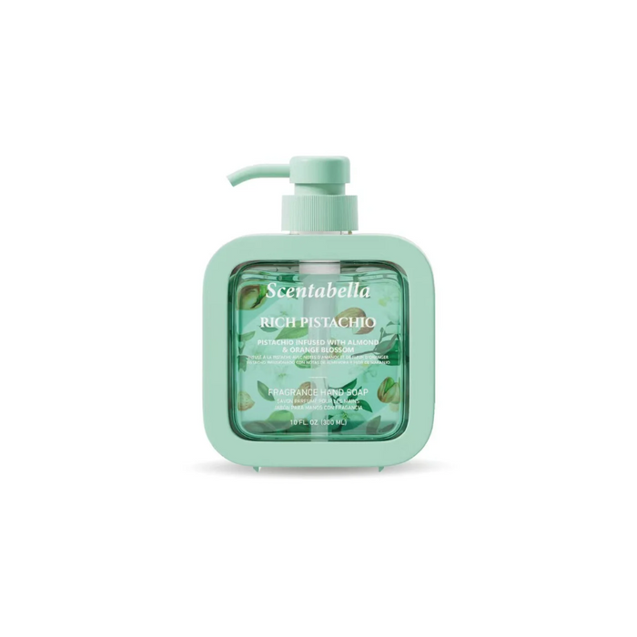 Mint green bottle of Scentabella Rich Pistachio body wash on a white background
