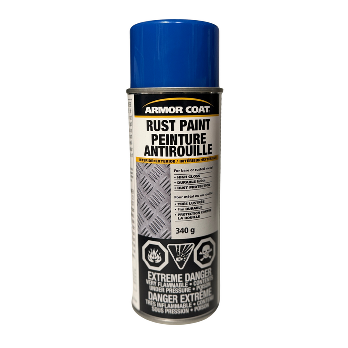 A can of Armor Coat Rust Paint in Bright Blue Gloss, 340g aerosol spray, durable rust-protective coating.