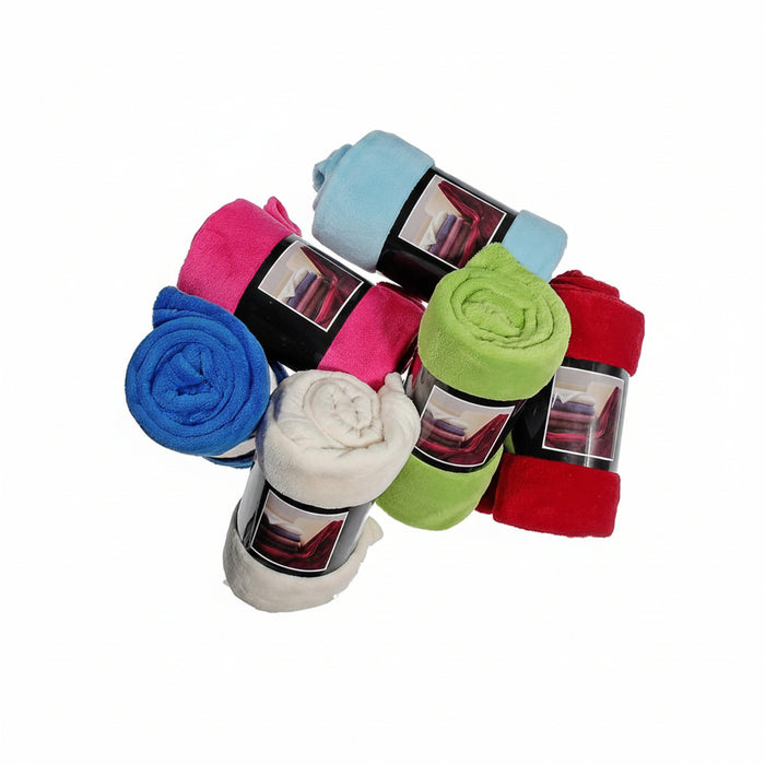A pile of six rolled plush fleece blankets in various colors, including light blue, pink, blue, white, lime green, and red, each with a clear window showing the inner packaging.