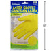 Package of yellow latex gloves with a measurement label on a white background
