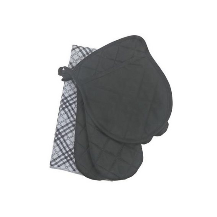 Black Set Image: 4-piece black trellis kitchen set with pot holder, two quilted oven mitts, and matching kitchen towel