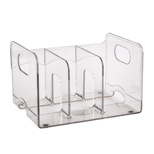 Clear plastic desk organizer with multiple compartments on a white background