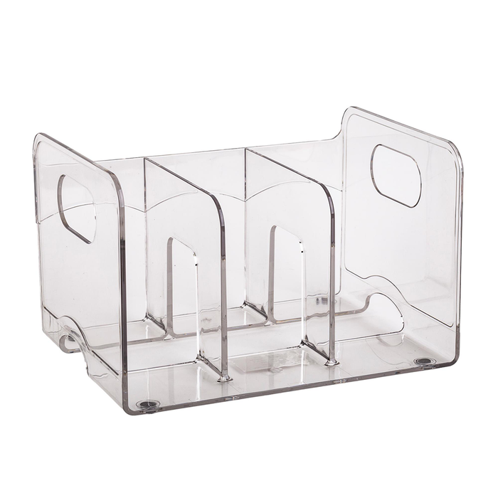 Clear plastic desk organizer with multiple compartments on a white background