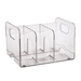 Clear plastic desk organizer with multiple compartments on a white background