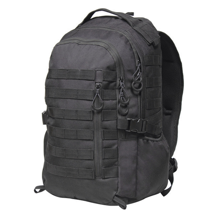 Black tactical backpack on a white background