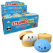A retail display box and two squishy toy buns for kids. The display box is bright blue with 'STEAMED BUN' in large red and white letters.