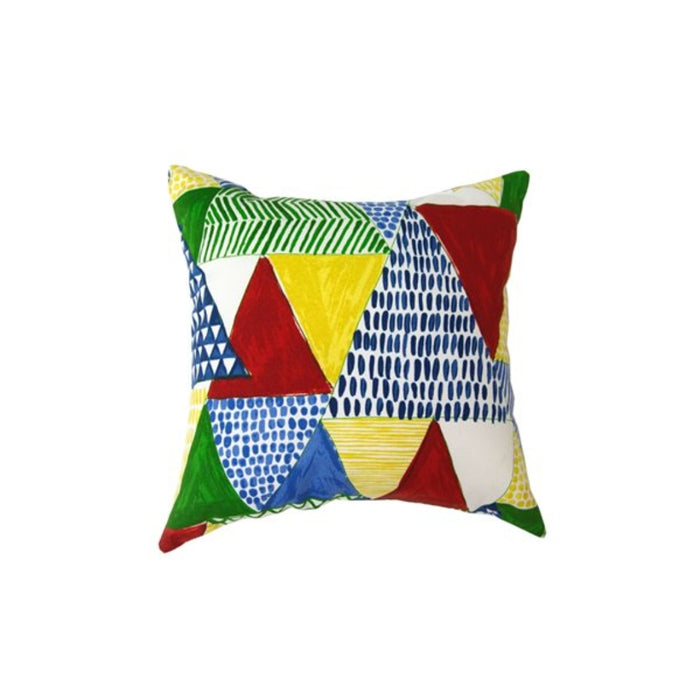 Colorful geometric-patterned pillow on a white background