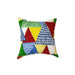 Colorful geometric-patterned pillow on a white background