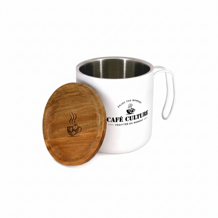 White mug with wooden lid and 'Café Culture' branding on a white background
