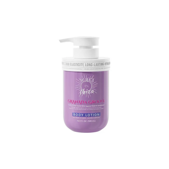 Purple body lotion bottle with white pump on a white background