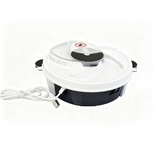 White and black electronic device with a cord on a white background