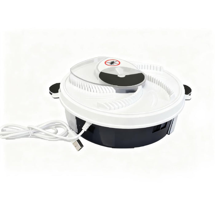 White and black electronic device with a cord on a white background