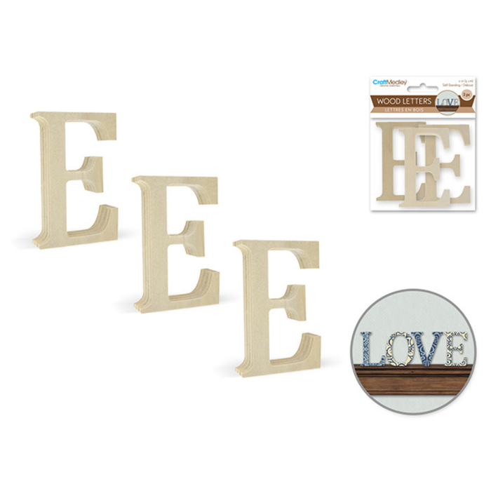 Wooden letters 'E' with packaging and a decorative 'LOVE' sign on a white background